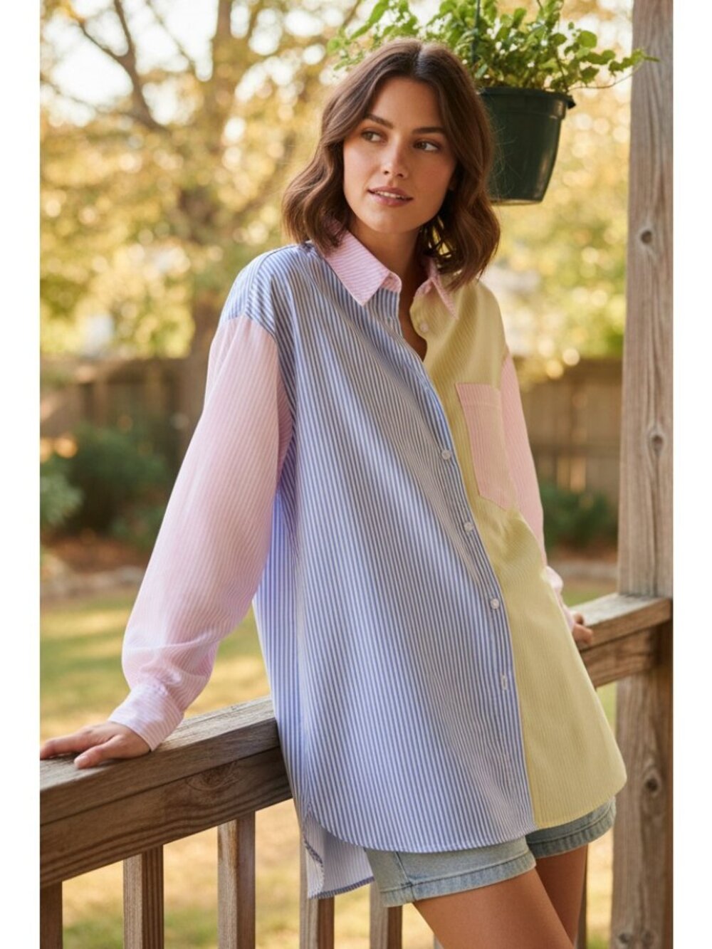 Oversized Boyfriend Button-Up Stripe Color Block Long Sleeve Chest Pocket Shirt